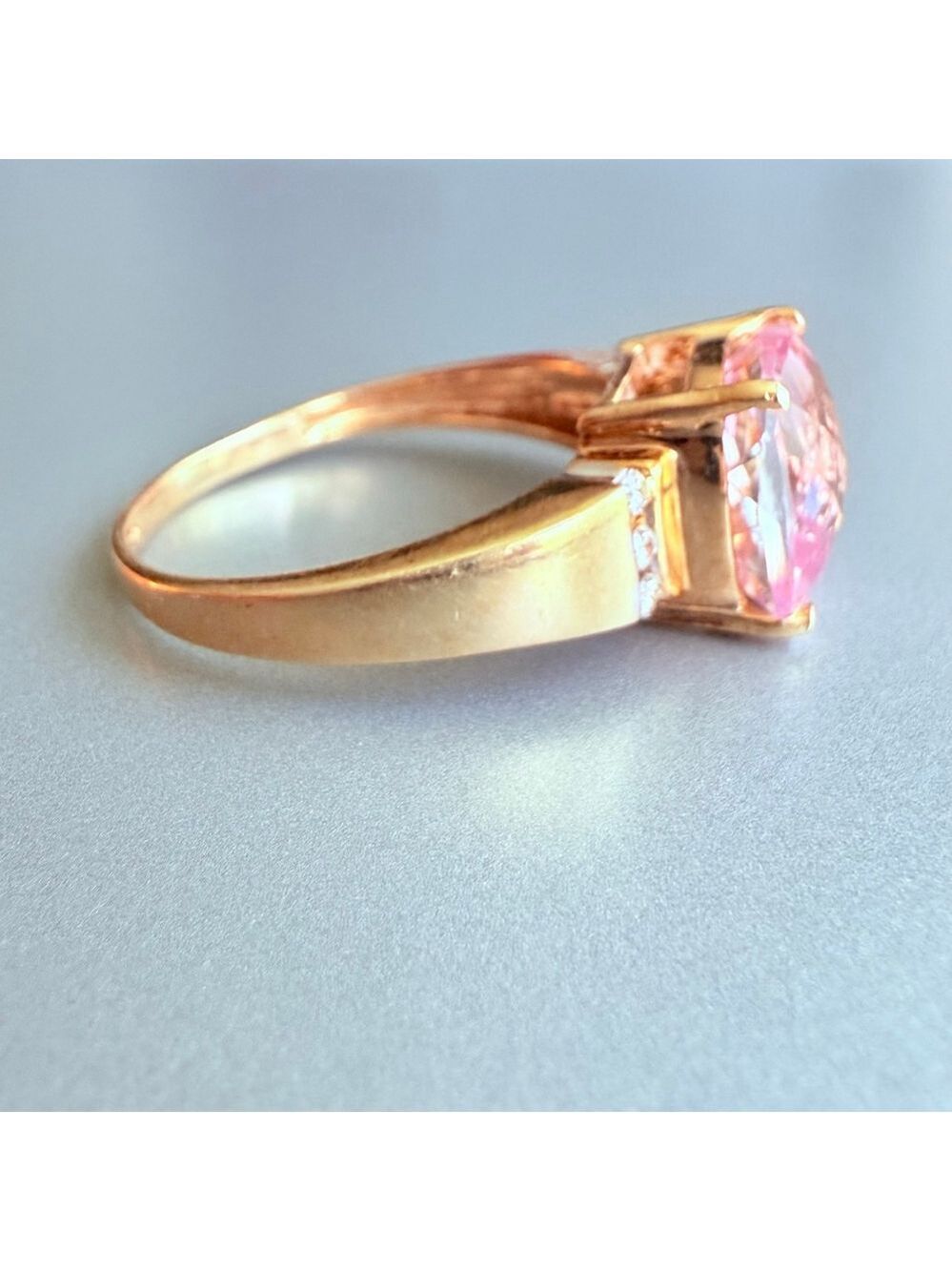 Estate 14K Solid Yellow Gold 4.6 CT Natural Pink Topaz Diamond Chatelaine Ring - Picture 4 of 12